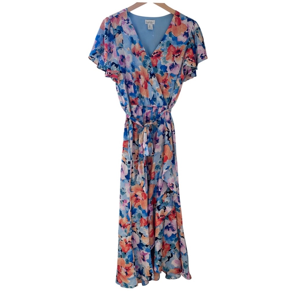 Nicole Miller Maxi Dress Large Faux Wrap Floral Flutter Sleeve V-Neck - Picture 2 of 15